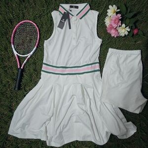 Elegant White Tennis Dress with Green and Pink Trim